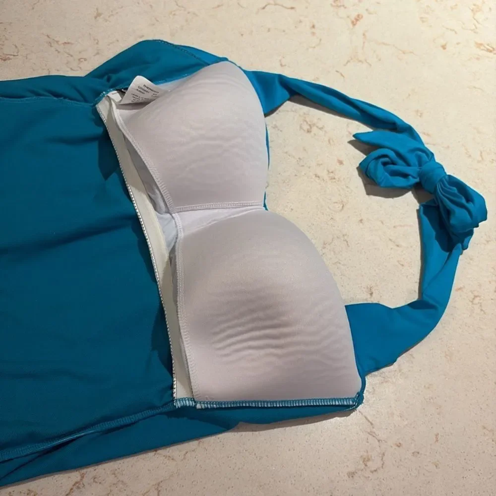 Jantzen Teal Swimsuit bejeweled chest one piece halter top SZ 16 Jeweled sequins